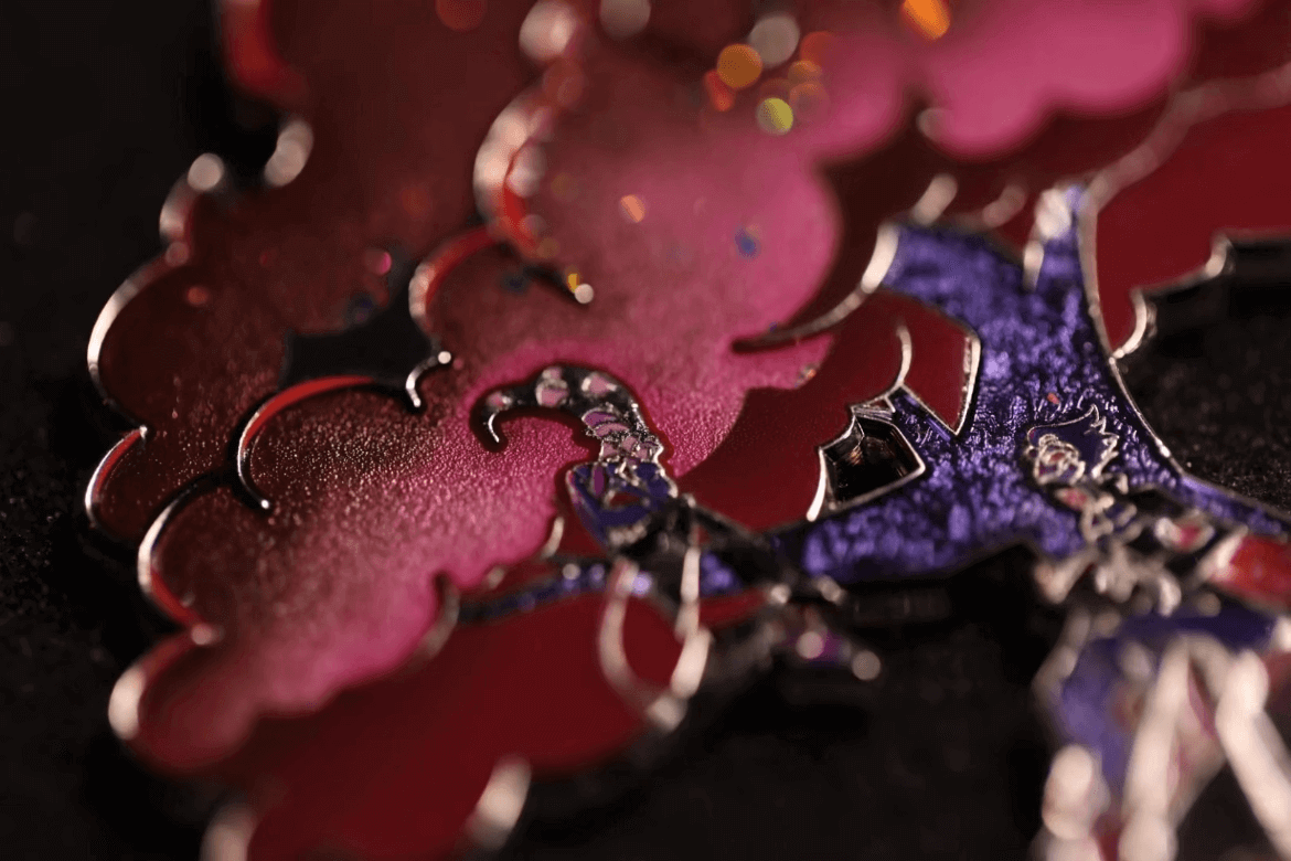 fantasy-anime-magical-girl-enamel-pin-detail Detailed view of a fantasy anime magical girl hard enamel pin with flowing hair, glitter effects, and silver plating – highlighting premium craftsmanship in modern collectible pins.