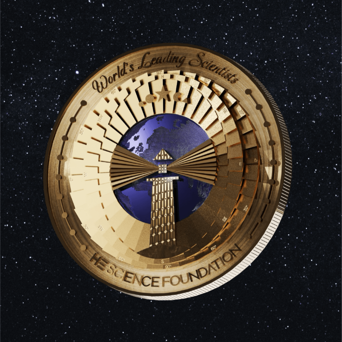 World’s Leading Scientists Custom Enamel Pin | High-Quality Honor Lapel Pin High-quality custom enamel lapel pin commemorating World’s Leading Scientists, featuring globe, torch-like monument, star and scale decorations, designed by HESCIENCE FOUNDATION as a scientific honor award