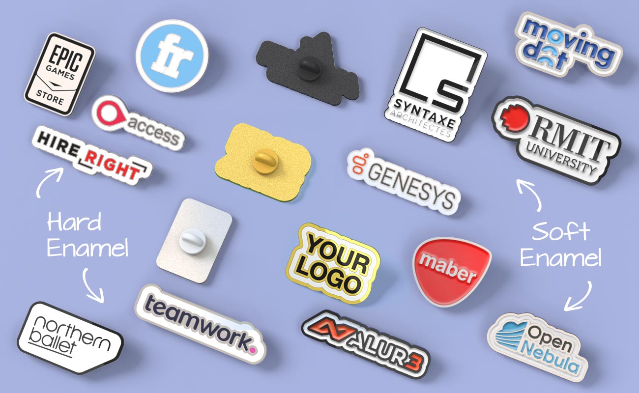 Corporate Logo Pin Collection A display of various custom metal pins with company logos and branding, including Make-A-Wish, Homecare, and DeltaHawk.