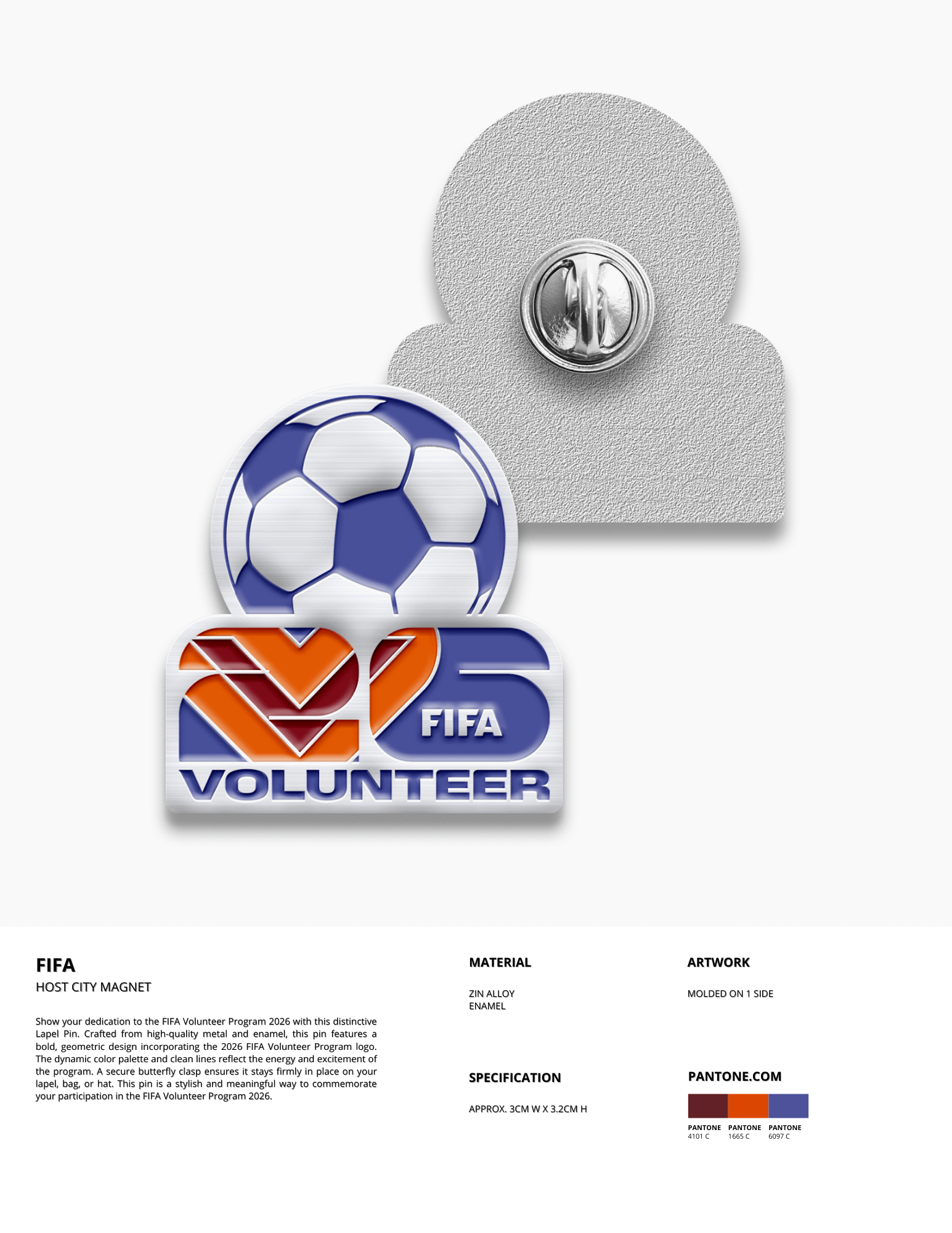FIFA Volunteer Custom Enamel Lapel Pin | High-Quality Sports Pin Custom enamel lapel pin for FIFA volunteer program, football-shaped high-quality pin made from zinc alloy and enamel for international sports events