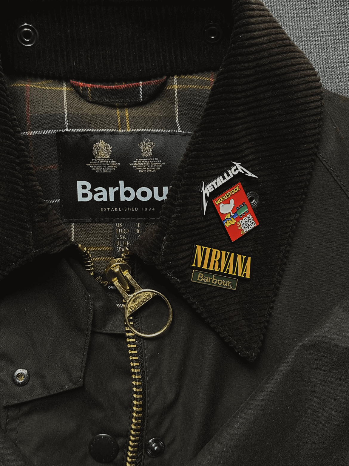 music-band-enamel-pins-on-barbour-jacket Custom music band enamel pins (Metallica, Nirvana, Woodstock) attached to a Barbour waxed jacket collar – demonstrating how personal pin collections become wearable statements of identity.