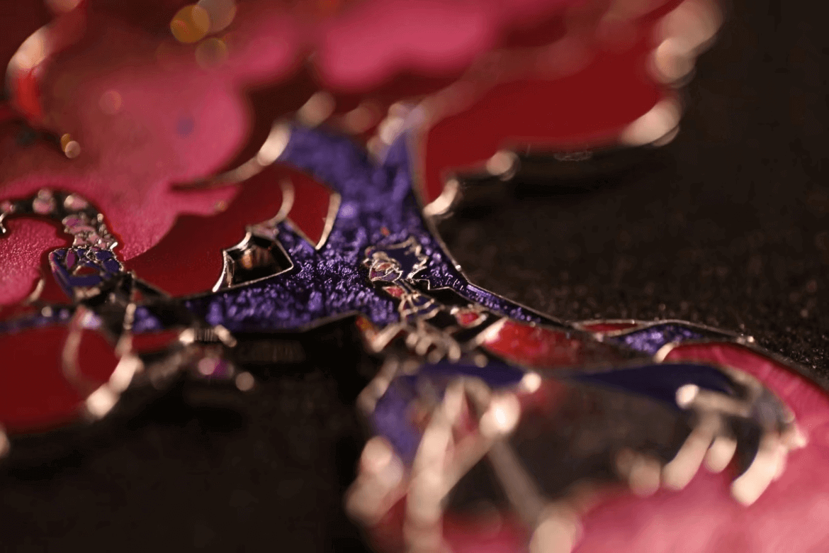 custom-fantasy-anime-enamel-pin-macro Close-up of a premium hard enamel pin featuring an anime-style wizard with pink-purple gradient, glitter accents, and intricate detailing – showcasing the collectible appeal of modern custom pins.