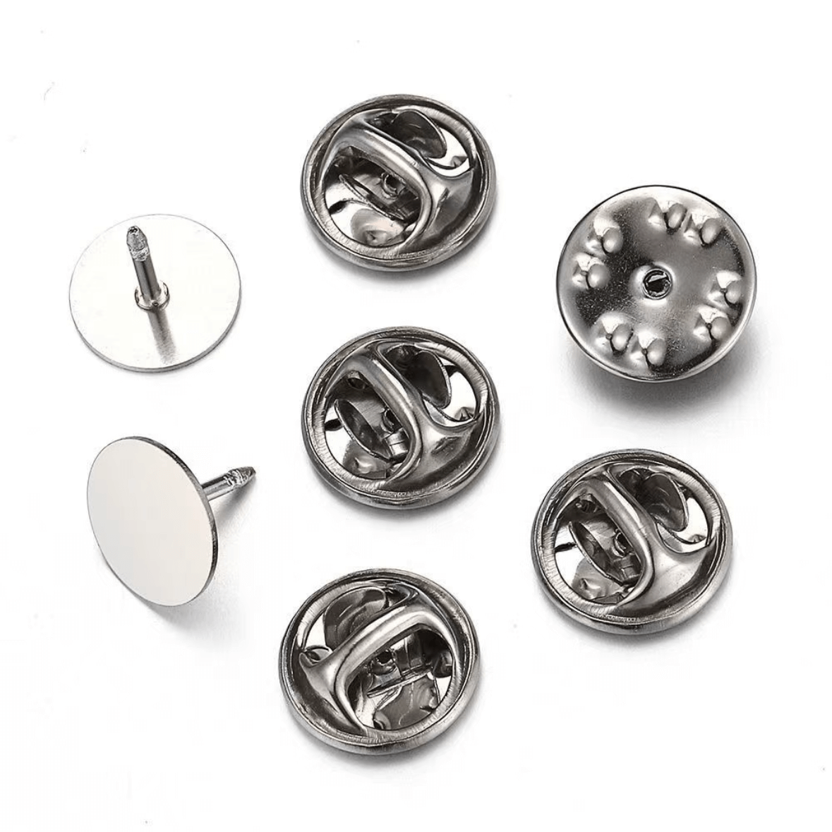 Lapel Pin Backing Accessories for Custom Enamel Pins Metal lapel pin backing accessories including butterfly clutch and pin post, used for secure custom enamel pin assembly