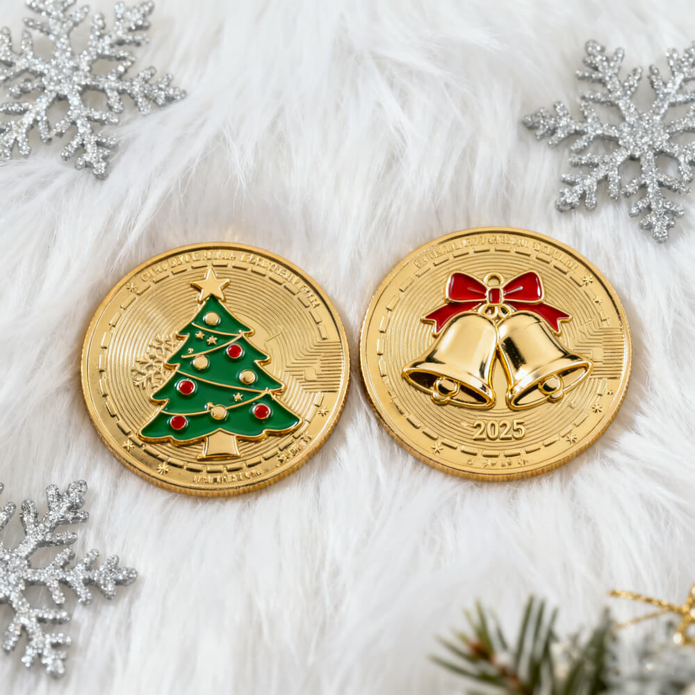 2025 Christmas commemorative coin with 3D snowflake design on one side and festive green Christmas tree with red bow on reverse, elegant holiday keepsake
