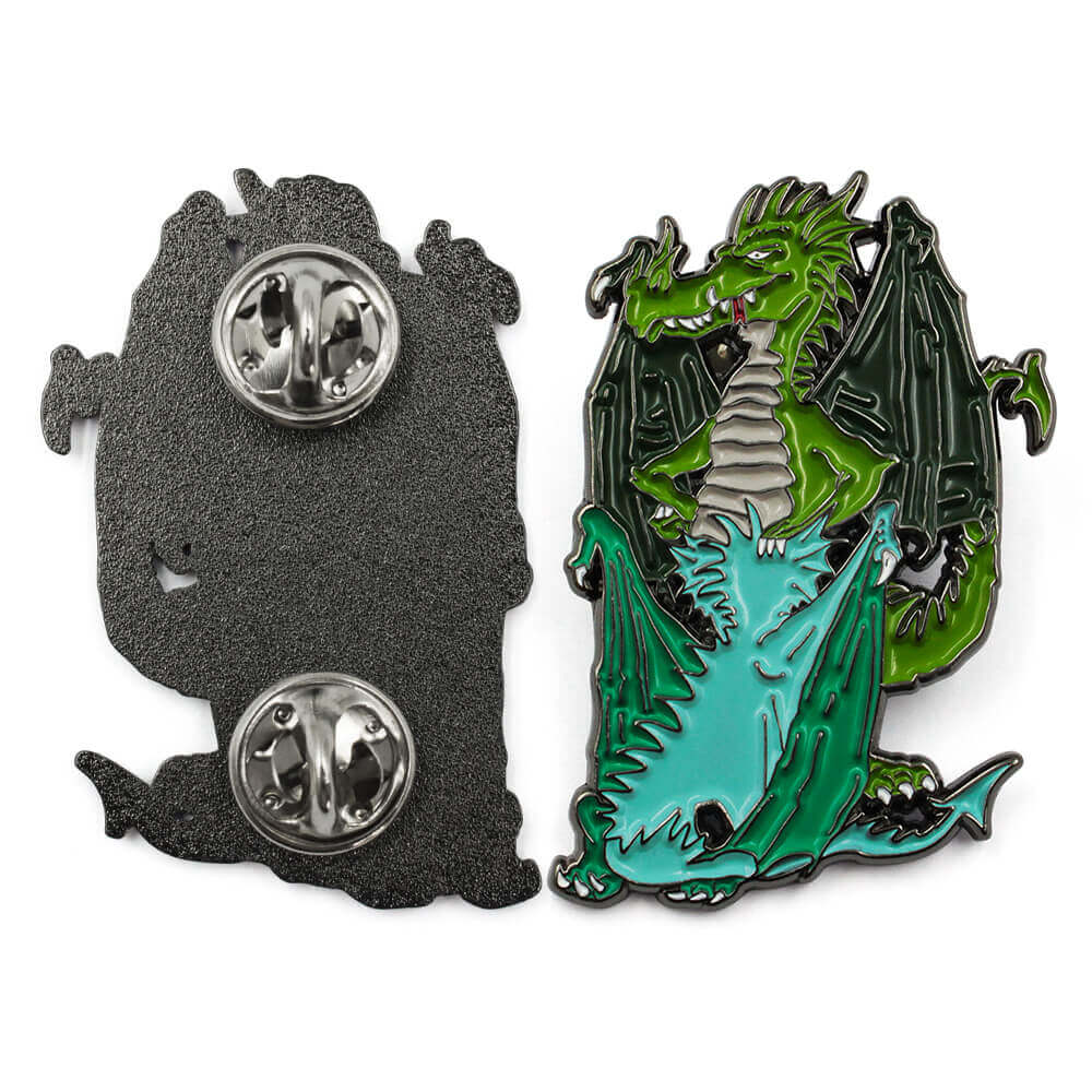 Back and front view of dragon enamel pin in soft enamel showing double clutch posts on cute green and blue dragon hug design