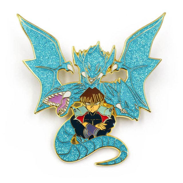 Glitter enamel pin featuring anime style multi-headed dragon wrapping around character with blue glitter fill