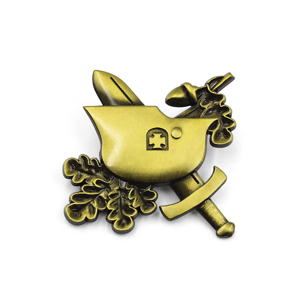 Custom 3D pins with knight helmet, cross emblem, crossed swords, and oak leaves in antique gold finish - side view