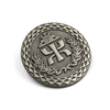 Side view of custom 3D lapel pin showing depth of Triple Tau emblem in antique silver finish