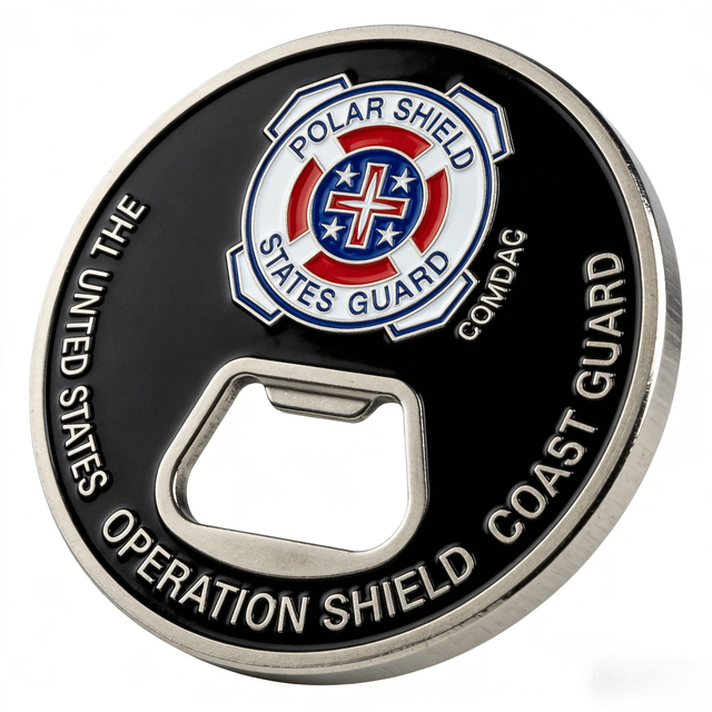 US Coast Guard Operation Shield Bottle Opener Coin featuring the Polar Shield emblem and 