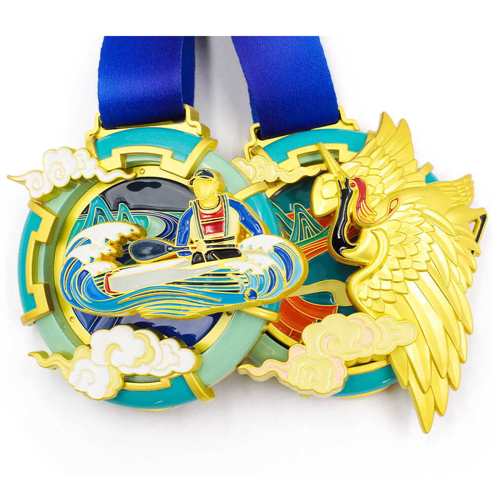 Detailed close-up of GUGLE custom finisher medal showing golden phoenix with spread wings, black-red head, pink flames, clouds and vibrant enamel design