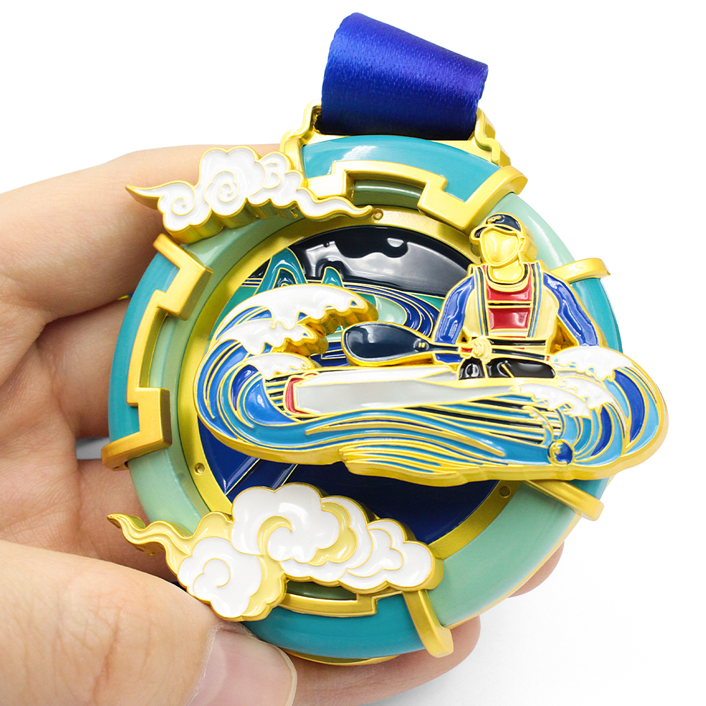 Angled view of unique GUGLE custom race medal with dragon boat racing theme, vibrant enamel waves, paddler figure, gold frame and flowing blue ribbon