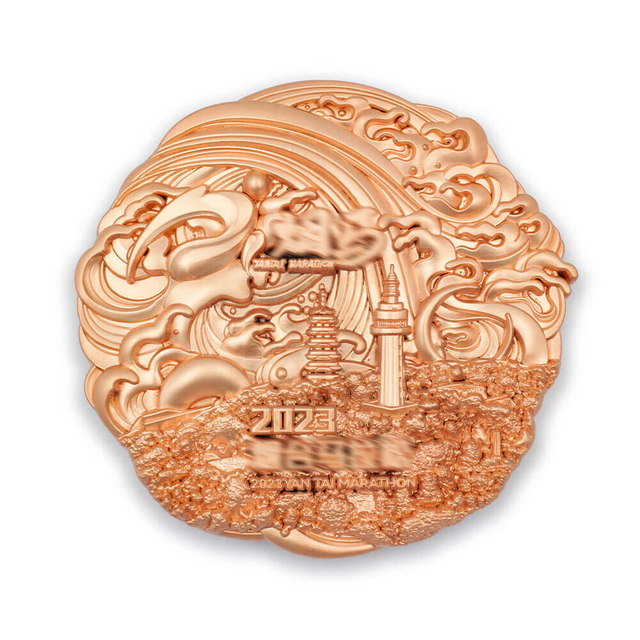 Rose gold plated custom race medal, polished embossed marathon finisher medal