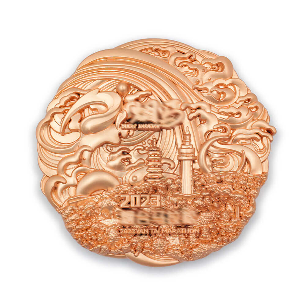 Rose gold plated custom race medal, polished embossed marathon finisher medal