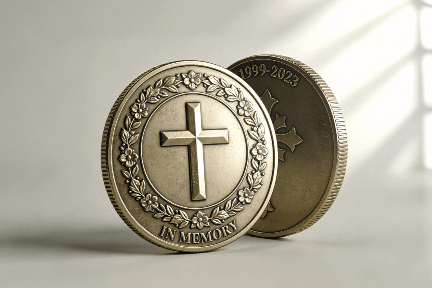 Antique gold custom challenge coin with a cross for Easter and In Memory text