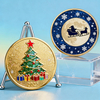2025 Christmas Eve themed challenge coin pair with gold glitter tree and Santa sleigh moonlight silhouette design, comes with display stand