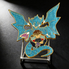 Close-up anime enamel pin of glitter fantasy dragon with detailed heads and anime character in gold plating