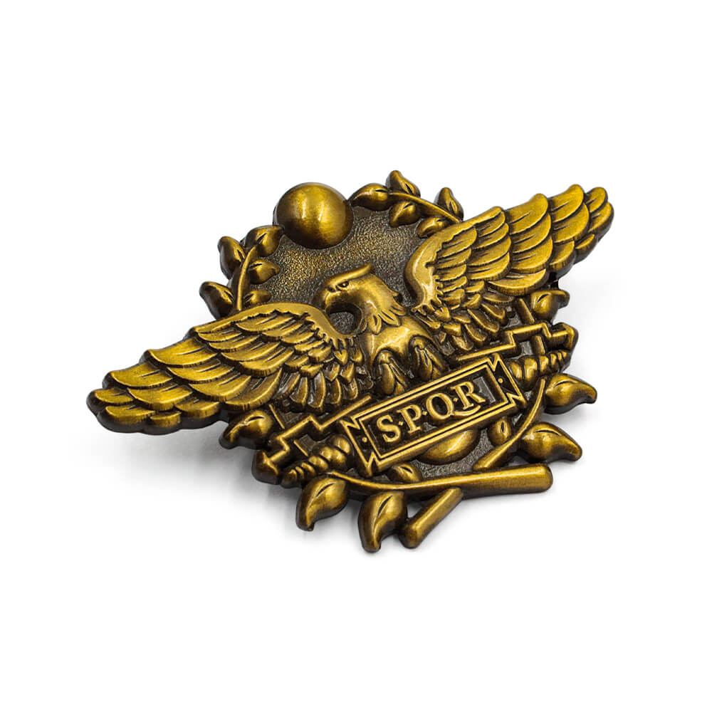 Custom eagle pin in antiqued gold finish made from die cut metal