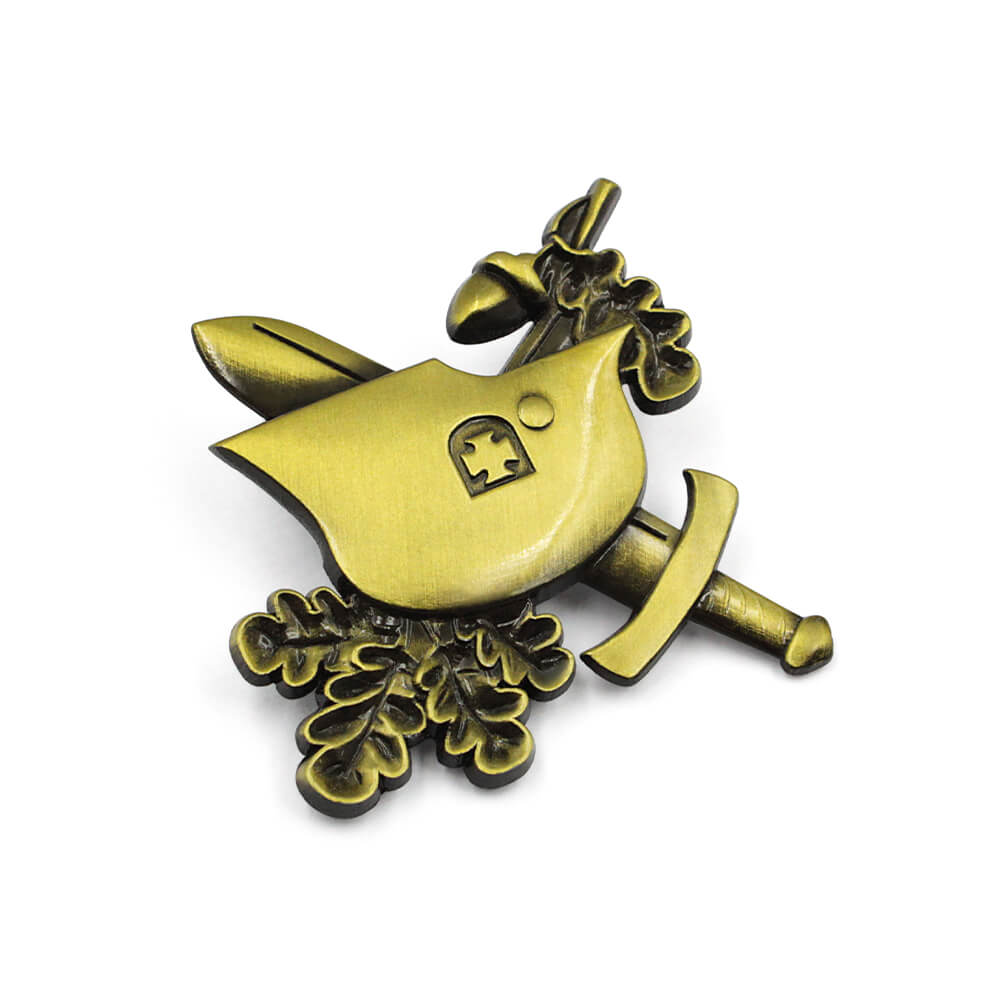 Custom 3D pins featuring knight helmet with cross, crossed swords, and oak leaves wreath in antique gold