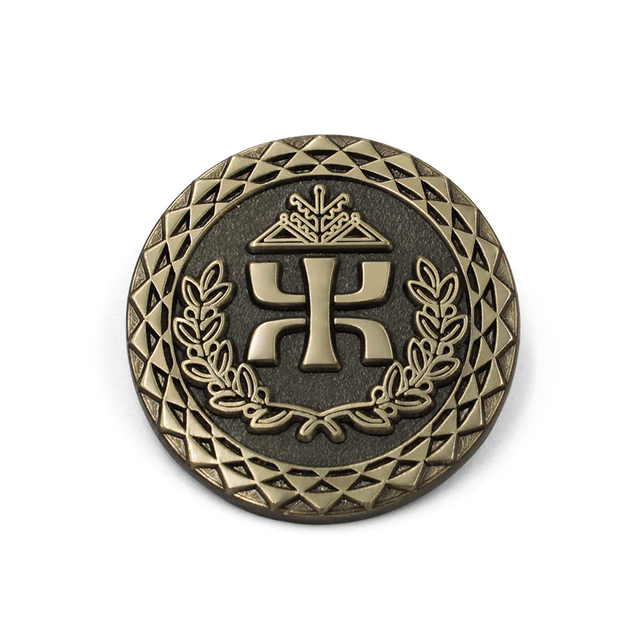 Custom 3D die-cast lapel pin in antique bronze with honor laurel wreath, roof-crowned emblem, and diamond cut border for classic achievement and hard-edged style