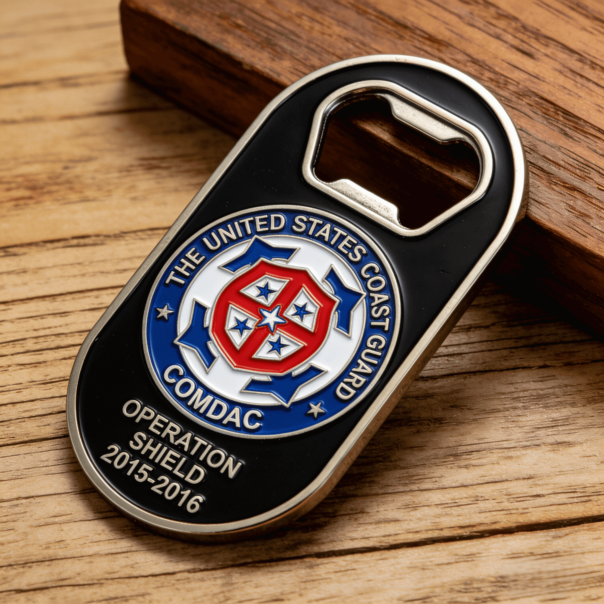Custom US Coast Guard challenge coin bottle opener with Operation Shield 2015–2016 engraving, COMDAC marking, central shield emblem, and durable metal construction for military commemorative use