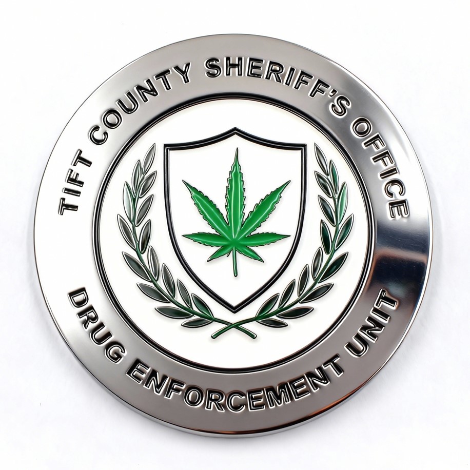 A humorous challenge coin featuring the Tift County Sheriff's Office emblem, with a contrasting cannabis leaf in the shield design. The ironic use of a drug symbol in a law enforcement badge adds a playful twist to traditional challenge coin designs, making it perfect for unique, satirical collections.