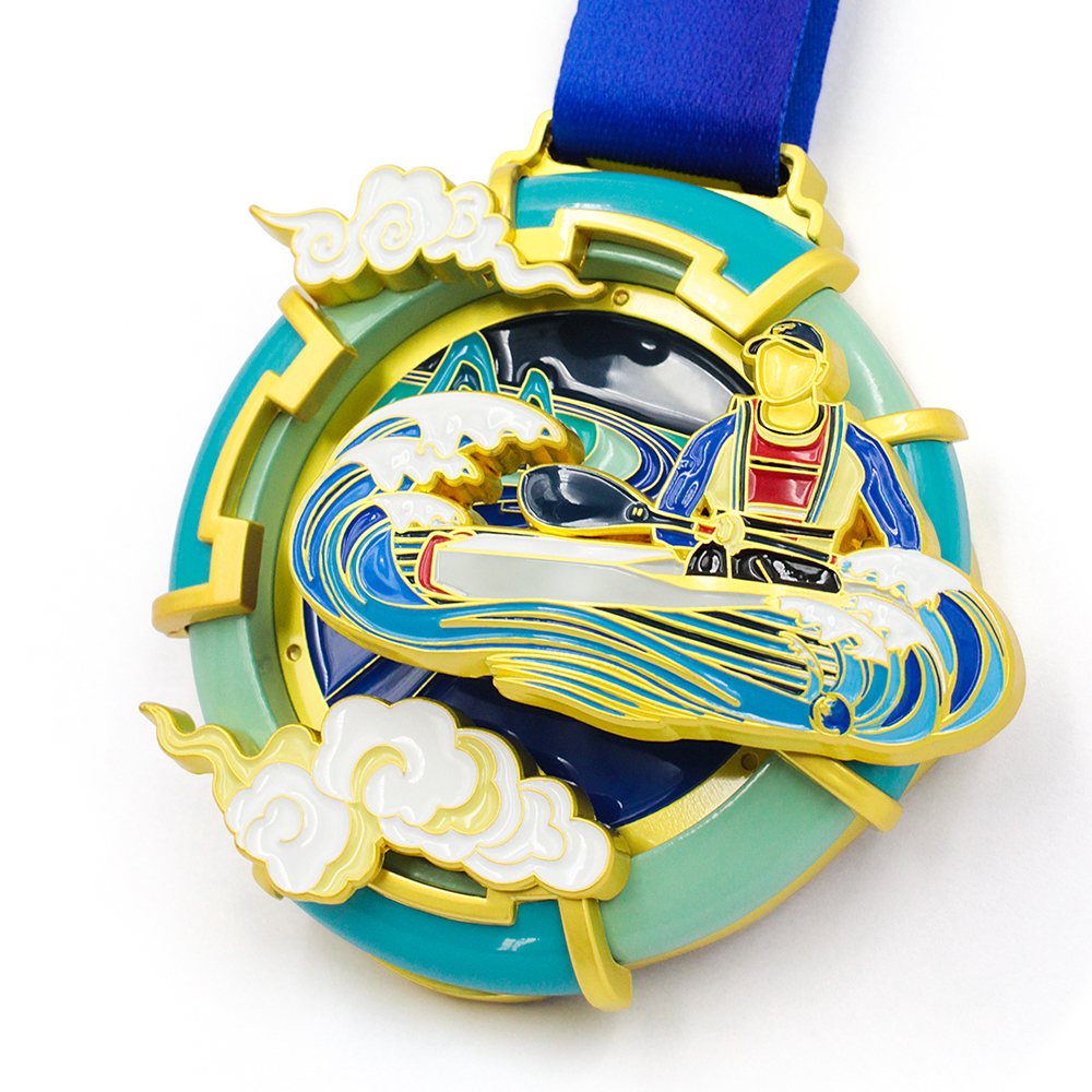 Close-up of GUGLE custom finisher medal showing dynamic blue waves, white foam, red-blue paddler in boat, gold accents and cloud details in enamel