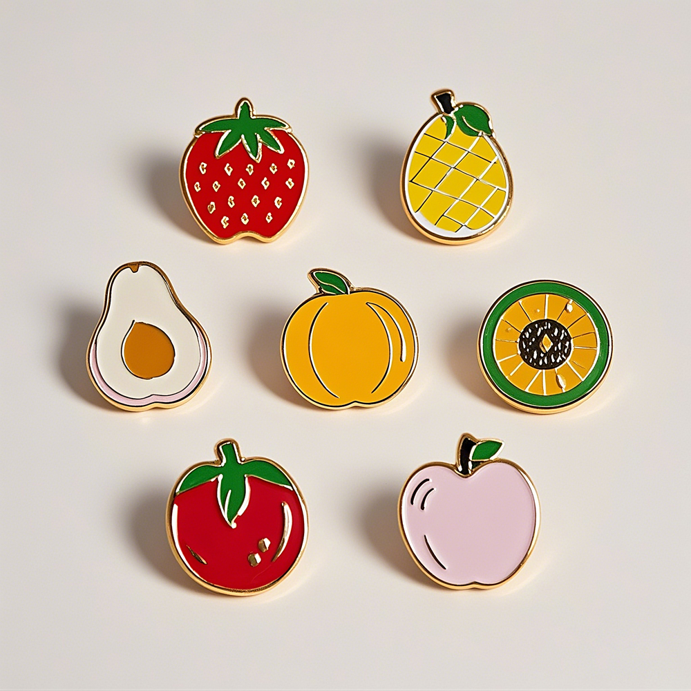Custom enamel fruit pins including strawberry, pineapple, avocado and melon designs, metal lapel pins with enamel finish