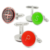 Custom round cufflinks vibrant red and green background white monogram P initial