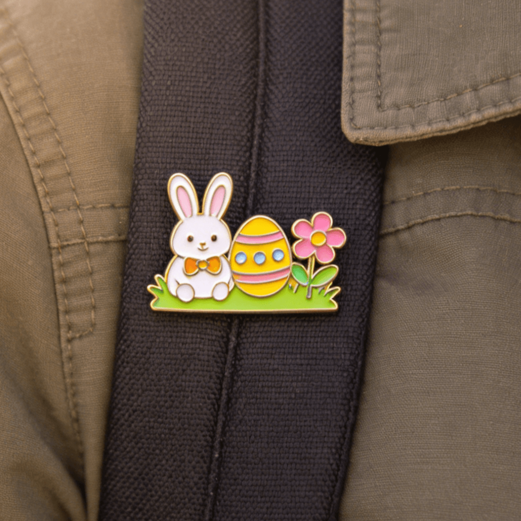 A small Easter custom lapel pin with a white bunny and decorated egg on a strap