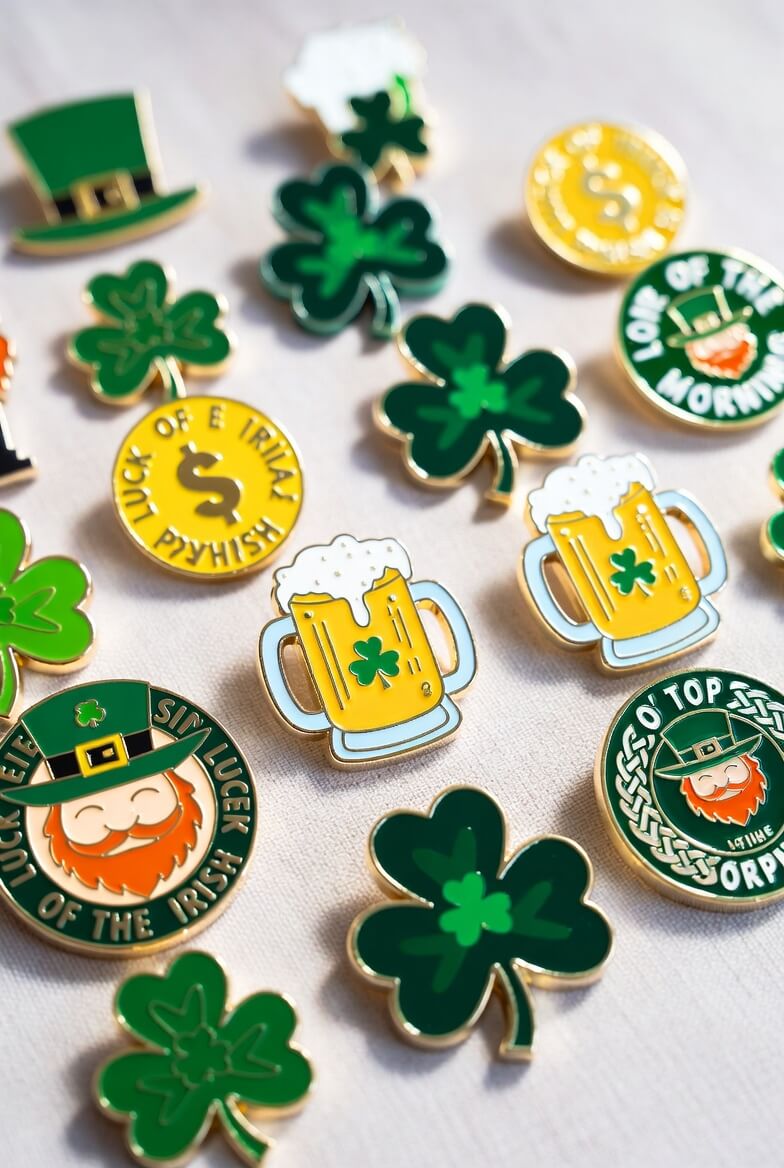 Assortment of playful St. Patrick's Day soft enamel custom pins with beer, leprechauns, shamrocks, and humorous Irish sayings
