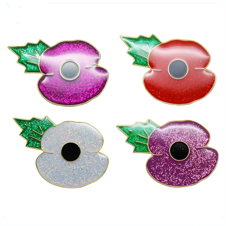 Colorful Glitter Poppy Metal Lapel Pin With Epoxy