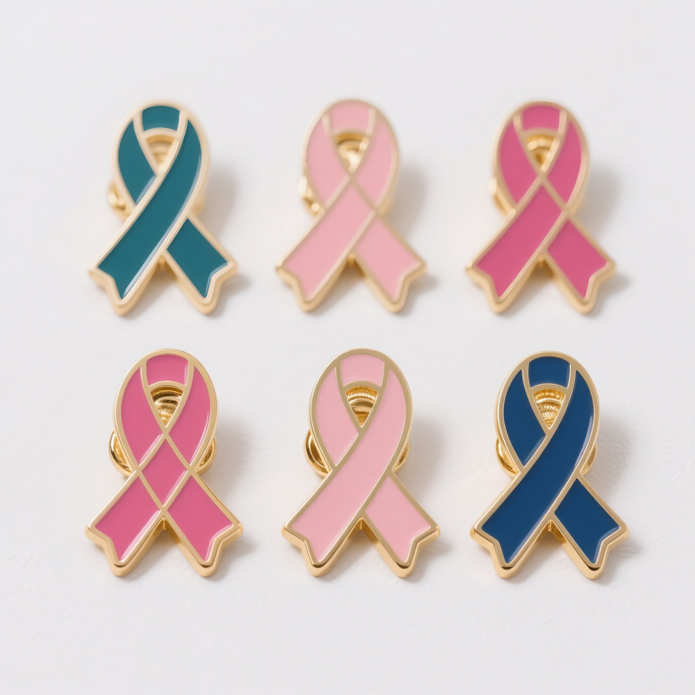 A collection of 6 custom metal ribbon lapel pins in different colors (blue-green, pink, dark blue) arranged on a light background. The pins feature metal edging and enamel filling, with visible pin back structures. These pins are perfect for multi-cause charitable sets and event giveaways, with colors representing causes like Breast Cancer Awareness and other health-related initiatives