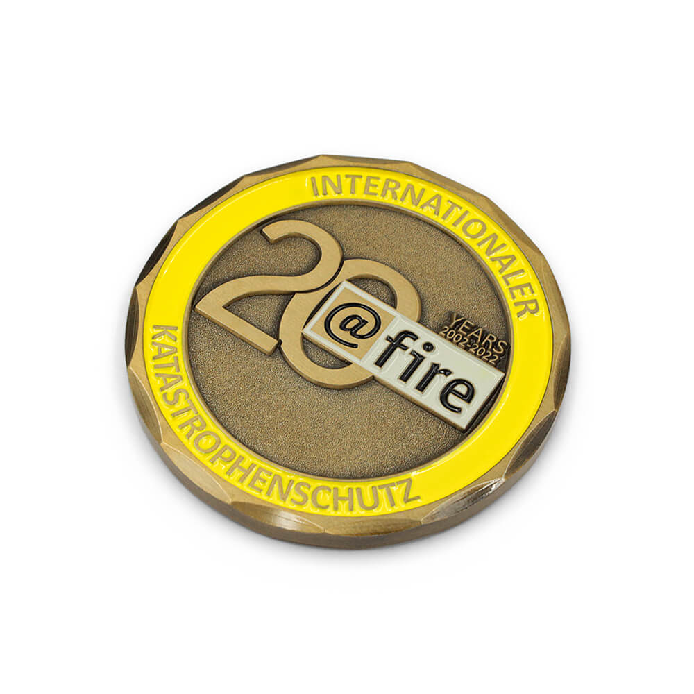 Custom challenge coins with unique 3D soft enamel - 20 years anniversary design in antique bronze and yello