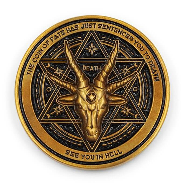 Custom 3D challenge coins featuring detailed 3D Baphomet design with "Death" center and "See You in Hell" antique bronze finish