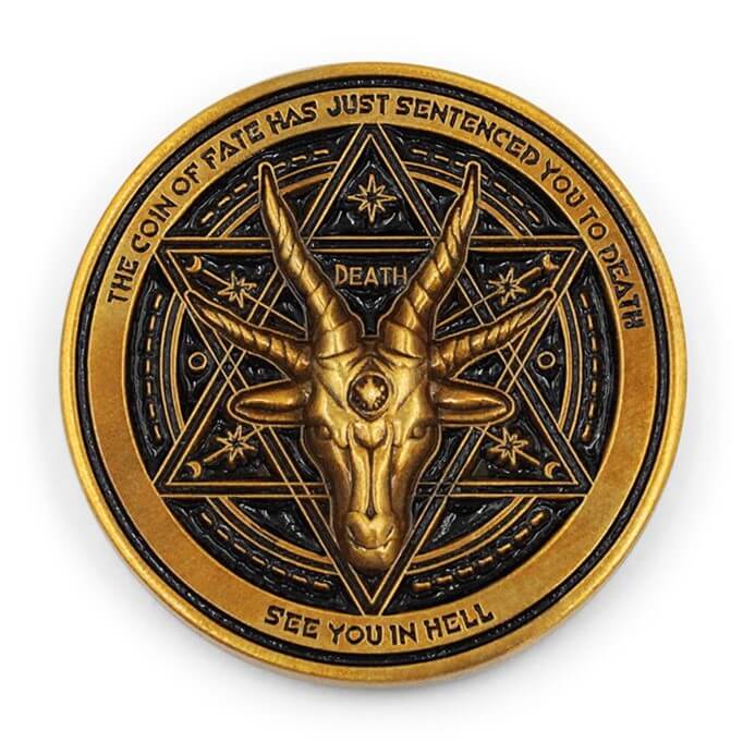 Custom 3D challenge coins featuring detailed 3D Baphomet design with "Death" center and "See You in Hell" antique bronze finish