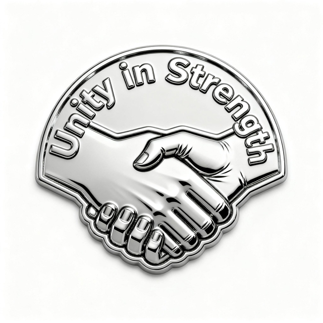 Soft enamel lapel pin featuring two hands shaking, symbolizing unity and strength. The badge displays the message “Unity in Strength” in a curved layout, crafted with a shiny metal finish for a three-dimensional look. Ideal for team or organizational culture displays, this pin promotes collaboration and unity as a decorative piece for supporters and groups.