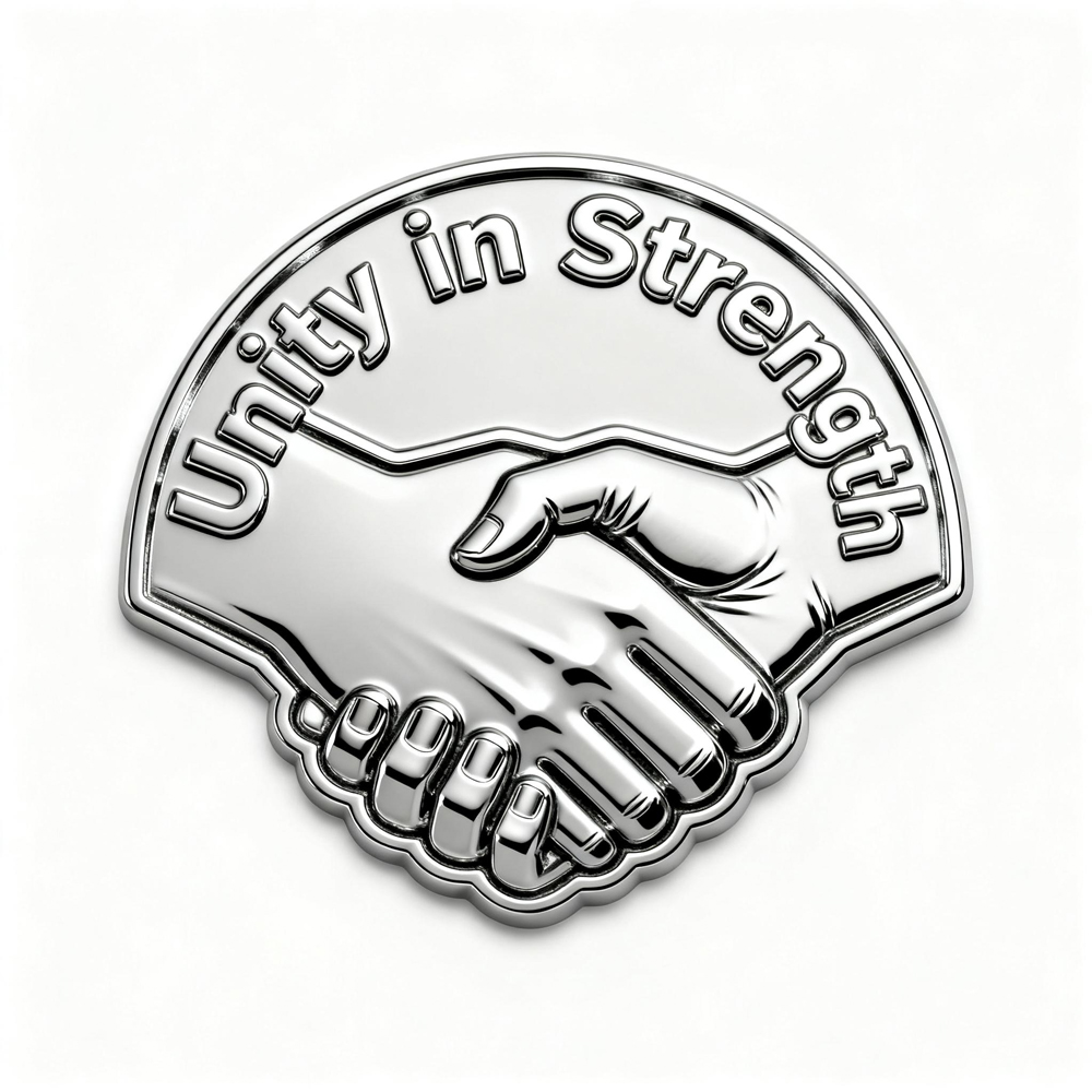 Soft enamel lapel pin featuring two hands shaking, symbolizing unity and strength. The badge displays the message “Unity in Strength” in a curved layout, crafted with a shiny metal finish for a three-dimensional look. Ideal for team or organizational culture displays, this pin promotes collaboration and unity as a decorative piece for supporters and groups.
