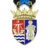 Custom heraldic shield customize medal with coat of arms, Saint Nicholas and sailing ship, thistle crown, enamel finish