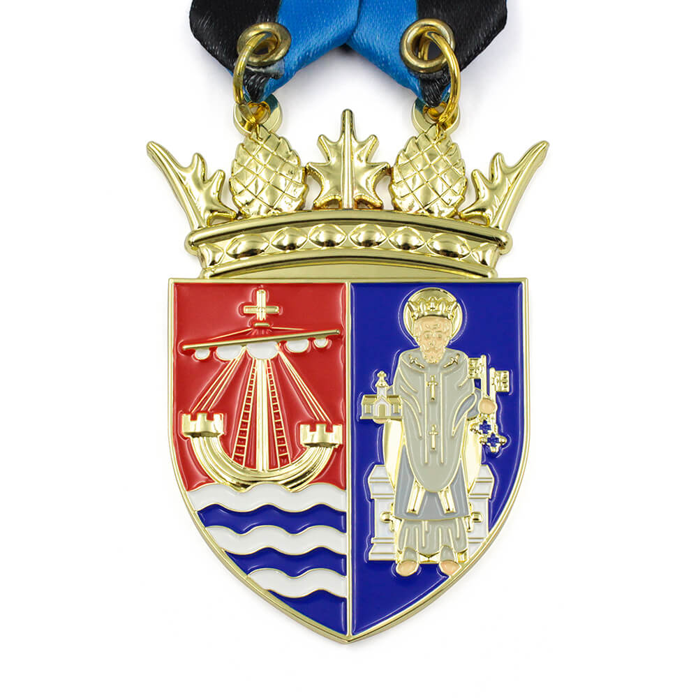 Custom heraldic shield customize medal with coat of arms, Saint Nicholas and sailing ship, thistle crown, enamel finish