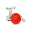 Personalized red enamel cufflinks with initial P letter on silver metal base