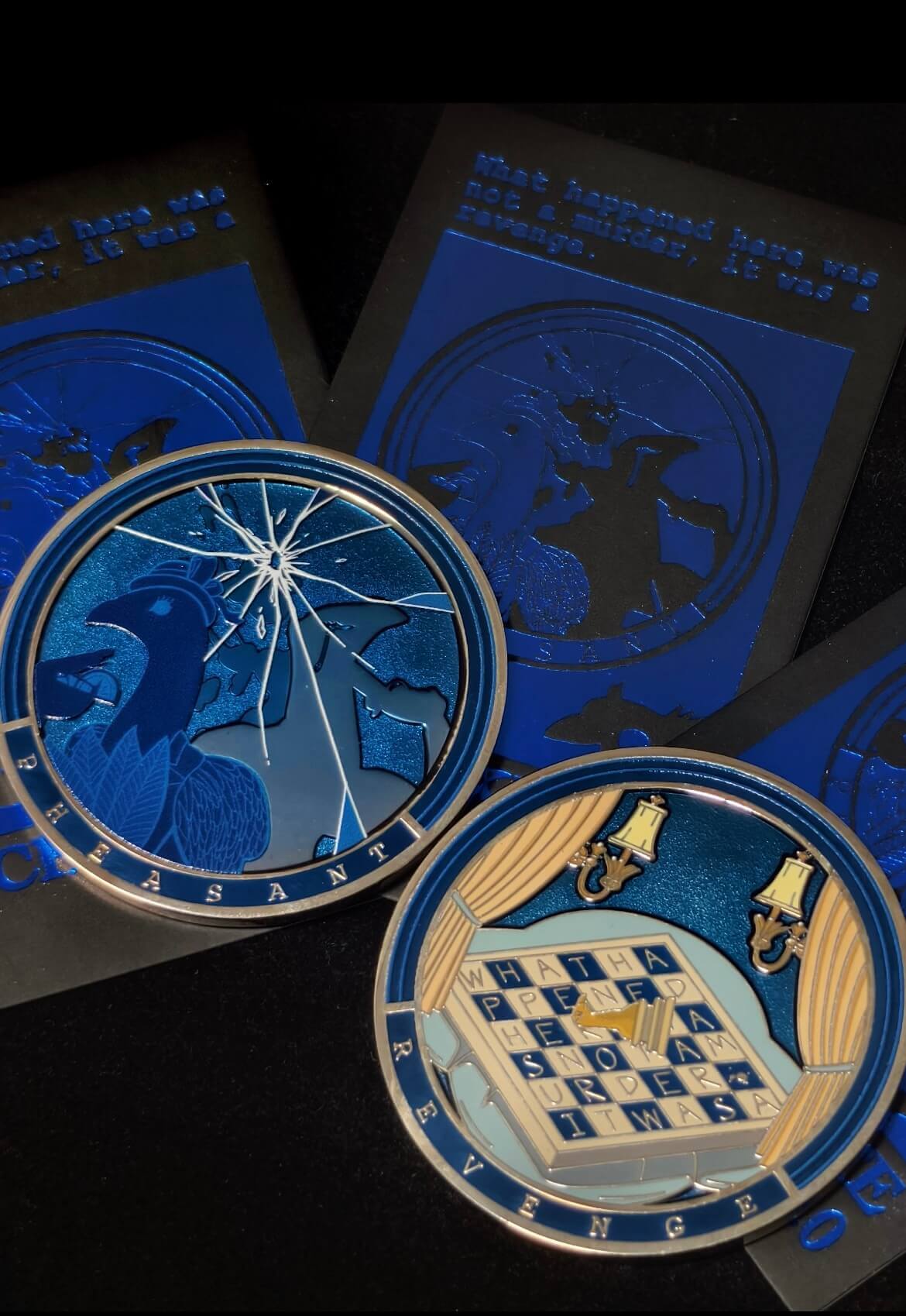 custom-challenge-coin-mystery-blue-shattered-glass-peacock-bird-murder-not-revenge-set