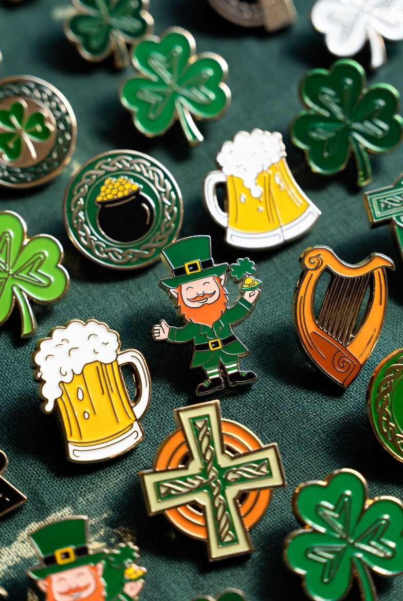 St. Patrick's Day Shamrock & Leprechaun Enamel Pin Set