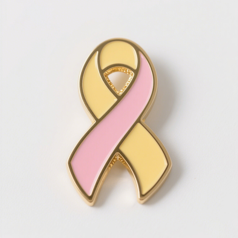 A custom yellow and pink ribbon lapel pin featuring a ‘+’ symbol on a light background. The design combines the ribbon’s symbolic use for cancer awareness with the added message of support and solidarity. This pin is ideal for multi-cause advocacy campaigns or charity alliance events