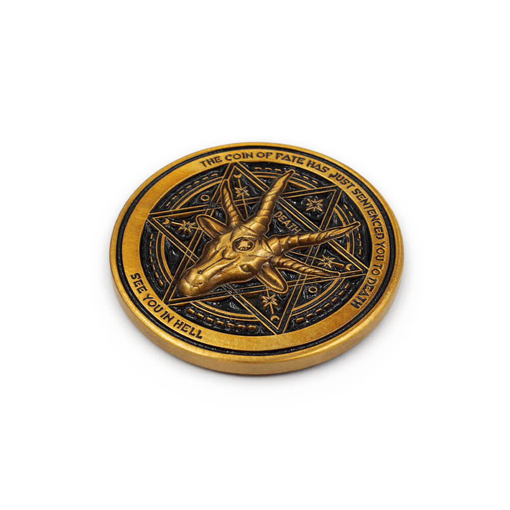 Custom 3D challenge coins with raised Baphomet goat head, pentagram, and "The Coin of Fate Has Just Sentenced You to Death" engraving