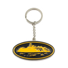 Custom enamel military keychain with navy ship silhouette in black background and yellow design