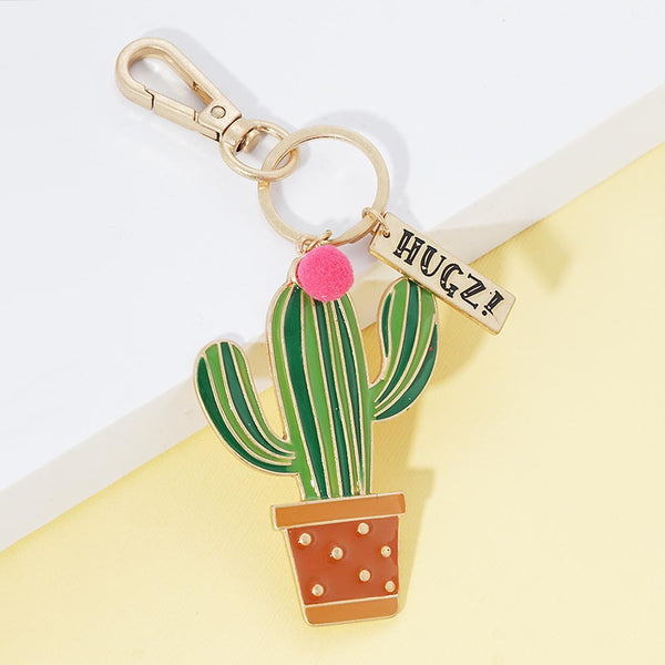 Enamel prickly pear cactus keychain with 'PLANT MOM' on striped green pot and hearts