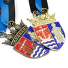 Custom shield customize medal featuring Saint Nicholas, antique bronze enamel, blue background, maritime award design