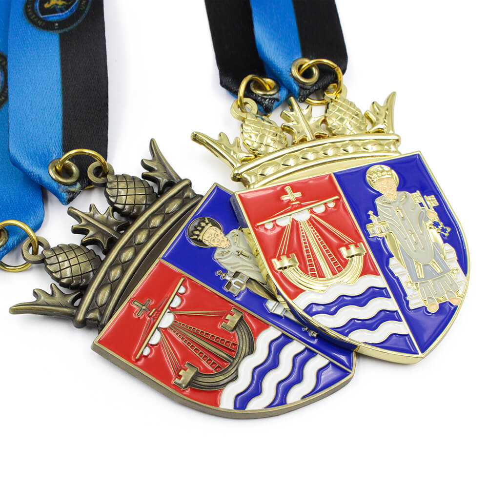 Custom shield customize medal featuring Saint Nicholas, antique bronze enamel, blue background, maritime award design