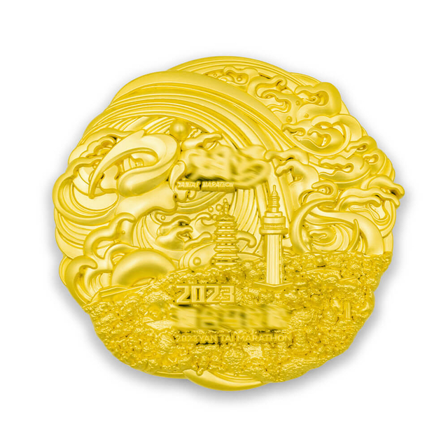 High polish gold custom race medal for 2023 marathon finisher
