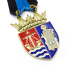 Gold customize medal with coat of arms shield, thistle crown, sailing ship, bright enamel finish for bulk OEM